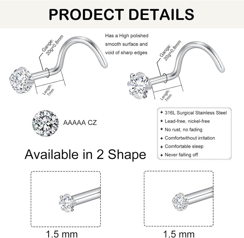XoCiuKe 10Pcs 20G Nose Rings Studs for Women Corkscrew Sliver Nose Studs Hypoallergenic Nose Rings 316L Surgical Stainless Steel Nose Nostril Percing Jewely for Women Men Round Square CZ Imitation Diamond 1.5mm/2.0mm/2.5mm/3.0mm - Image 2